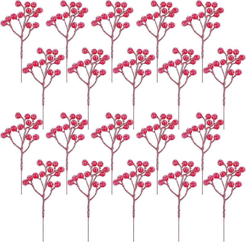 Fangoo 20 Pack 7 Inch Artificial Red Berry Picks for Christmas Tree Burgundy Red Berries Stems Holly Berry Branches Ornaments Wreath Crafts Wedding Holiday Season Winter Home Decor (Sprays Snow Red) - Image 1